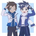  2boys :d ;) adjusting_goggles bangs black_hair blue_jacket blue_shirt brendan_(pokemon) brown_hair closed_mouth commentary_request ethan_(pokemon) fingerless_gloves gloves goggles goggles_on_head grey_eyes highres jacket male_focus multiple_boys official_alternate_costume one_eye_closed open_clothes open_jacket open_mouth pants pokemon pokemon_(game) pokemon_masters_ex salute sana_(37pisana) scarf shirt short_hair smile spiked_hair tongue white_jacket white_scarf white_shirt 