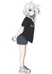  11sayuwan11 1girl alternate_costume arms_behind_back bangs black_shirt blue_eyes blue_shorts full_body grey_hair hair_between_eyes highres interlocked_fingers kantai_collection leaning_forward long_hair one_side_up shirt shoes short_sleeves shorts simple_background smile sneakers solo standing suzutsuki_(kancolle) t-shirt white_background white_footwear 