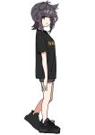  11sayuwan11 1girl alternate_costume bangs black_footwear black_hair black_shirt blue_shorts full_body grey_eyes hair_flaps hatsuzuki_(kancolle) highres kantai_collection looking_at_viewer parted_lips shirt shoes short_sleeves shorts simple_background sneakers solo standing t-shirt white_background 