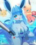  absurd_res anthro blue_body blue_eyes blush camel_toe camera_view clothing eeveelution female flareon glaceon group hi_res jolteon looking_at_viewer nintendo pok&eacute;mon pok&eacute;mon_(species) pok&eacute;morph swimwear thick_thighs trio video_games water whooo-ya 