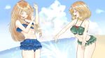  bangs beach bikini blonde_hair blue_bikini blue_sky closed_eyes cloud commentary_request cowboy_shot day frilled_bikini frills green_bikini highres horizon janus_(kancolle) jervis_(kancolle) kantai_collection long_hair ocean outdoors parted_bangs sakurai_nana_(moshichi) short_hair sky smile splashing swimsuit 