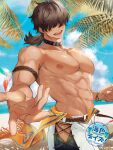  1boy abs armlet bangs bara beach belt blue_sky brown_hair choker feathers hair_over_eyes highres large_pectorals long_bangs long_hair looking_at_viewer male_focus muscular muscular_male nipples ocean open_mouth original outstretched_hand palm_tree pectorals ponytail reaching_out sand sharp_teeth shorts side_slit side_slit_shorts sky smile solo tan teeth tree trgm tropical 