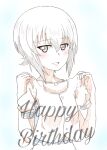  1girl bangs birthday blouse blush colored_pencil_(medium) commentary cursive english_text girls_und_panzer happy_birthday holding holding_clothes holding_shirt kayabakoro looking_at_viewer muted_color nishizumi_maho open_mouth shirt short_hair smile solo traditional_media upper_body 
