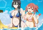  2girls absurdres banana_boat bikini black_hair blush bow breasts green_eyes hair_between_eyes hair_ornament hair_ribbon highres large_breasts long_hair looking_at_viewer multiple_girls navel open_mouth red_eyes red_hair ribbon short_hair smile swimsuit tenma_(0806) tougou_mimori yuri yuuki_yuuna yuuki_yuuna_wa_yuusha_de_aru yuusha_de_aru 