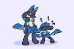  3_fingers 3_toes advos ambiguous_gender anthro artist_name blue_body blue_fur canid canine digital_media_(artwork) duo eyes_closed feet fight fingers fur hi_res lucario mammal nintendo pok&eacute;mon pok&eacute;mon_(species) punch red_eyes riolu simple_background size_difference text toes video_games watermark 