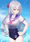  1girl absurdres bangs black_swimsuit blue_sky bow breasts bronya_zaychik caisena cloud collarbone commentary_request day grey_eyes grey_hair hair_between_eyes hair_bow highres honkai_(series) honkai_impact_3rd long_hair medium_breasts outdoors parted_lips purple_sailor_collar red_bow ringlets sailor_collar school_uniform see-through serafuku shirt short_sleeves sky solo swimsuit swimsuit_under_clothes very_long_hair water wet white_shirt 