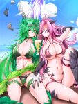  2girls absurdres ahoge arm_behind_head arm_up artist_name bangs bare_shoulders beach bikini blue_sky blush braid breasts claws cleavage cloud collarbone commentary_request cup day dragon_girl dragon_horns dragon_tail drinking_straw_in_mouth eyewear_on_head flower_tattoo front-tie_bikini front-tie_top g_(genesis1556) green_bikini green_eyes green_hair green_sarong green_tail groin hair_between_eyes hand_on_another&#039;s_thigh heart_o-ring heart_ring_top heterochromia highres holding holding_cup horns karutia_(g_(genesis1556)) knee_up large_breasts layered_bikini leia_(g_(genesis1556)) long_hair looking_at_viewer midriff monster_girl multiple_girls navel ocean one_eye_closed orca original outdoors parted_bangs pink_bikini pink_eyes pink_hair red_eyes rio_(g_(genesis1556)) sarong scales scar scar_on_stomach shadow shark sidelocks sitting sky smile sunglasses swimsuit tail tattoo thigh_strap twin_braids uppercut very_long_hair wavy_hair whale white_whale 