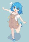  1girl absurdres aoi_tori bangs bare_legs blue_background blue_eyes blue_footwear blue_hair blush blush_stickers brown_overalls commentary fang flat_chest full_body hair_between_eyes highres leg_up looking_at_viewer medium_hair no_socks notice_lines original outstretched_arms overall_skirt overalls sandals shirt short_sleeves skin_fang smile solo spread_arms teru-chan_(aoi_tori) white_shirt 