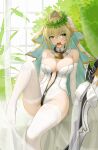  1girl absurdres aestus_estus ahoge blonde_hair breasts bridal_veil detached_collar elbow_gloves fate/grand_order fate_(series) gloves green_eyes hair_intakes highres key large_breasts laurel_crown leotard lock nero_claudius_(bride)_(fate) nero_claudius_(bride)_(third_ascension)_(fate) nero_claudius_(fate) open_mouth padlock padlocked_collar partially_unzipped shenqi_xiao_hong_zai_nali sidelocks sitting solo thighhighs tongue tongue_out veil white_gloves white_leotard white_thighhighs zipper_pull_tab 