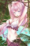  1girl absurdres animal_ear_fluff animal_ears bikini blurry breasts coyote_ears depth_of_field flower hakui_koyori highres hololive large_breasts long_hair looking_at_viewer mouth_hold navel pink_eyes pink_hair ponytail sarong swimsuit ukiukikiwi2525 virtual_youtuber water 