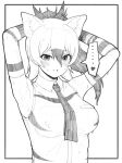  ... 1girl aardwolf_(kemono_friends) aardwolf_ears aardwolf_print animal_ears armpits arms_behind_head arms_up bangs blush breasts covered_nipples deku_suke dripping elbow_gloves gloves hair_between_eyes heart highres kemono_friends large_breasts long_hair looking_at_viewer monochrome multicolored_hair necktie parted_bangs parted_lips print_gloves print_shirt shirt sleeveless sleeveless_shirt solo spoken_ellipsis spoken_heart two-tone_hair upper_body wet wet_clothes wet_face wet_shirt 