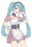  1girl :d absurdres aqua_eyes aqua_hair artist_name asahina_mikuru asahina_mikuru_(cosplay) bangs blush breasts cleavage commentary_request corset cosplay dated dress haekel hand_on_hip hatsune_miku highres long_hair looking_at_viewer maid mikuru_beam neck_ribbon open_mouth pink_dress puffy_short_sleeves puffy_sleeves red_ribbon ribbon short_sleeves simple_background smile solo suzumiya_haruhi_no_yuuutsu thighs twintails very_long_hair watermark white_background wrist_cuffs 