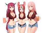  3girls absurdres angelchama animal_ears arms_around_back belt black_hair blue_eyes breasts cleavage collarbone cowboy_shot crop_top denim denim_shorts english_text hair_between_eyes hair_down hakos_baelz heterochromia highres hololive hololive_english horns irys_(hololive) large_breasts light_blush long_hair looking_at_viewer matching_outfit medium_breasts mori_calliope mouse_ears multicolored_hair multiple_girls navel open_mouth pink_eyes pink_hair plaid purple_hair scoop_neck shirt short_shorts shorts simple_background stomach streaked_hair tied_shirt very_long_hair virtual_youtuber white_background white_hair 