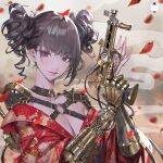  1girl absurdres armor bangs black_collar blunt_bangs blurry blurry_background breasts brown_eyes brown_hair cleavage closed_mouth clothing_request collar curly_hair double_bun english_commentary falling_petals fingernails floral_print gauge gold gold_trim gun hair_bun handgun hands_up highres holding holding_gun holding_weapon jung_wonjo leather_collar looking_at_viewer mechanical_arms medium_breasts no_bra o-ring o-ring_collar original petals science_fiction shoulder_armor shoulder_pads signature single_mechanical_arm solo strapless upper_body weapon 