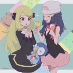  2girls 343rone :o absurdres beanie black_dress black_hair black_shirt blonde_hair blush_stickers closed_eyes collarbone commentary_request cynthia_(pokemon) dawn_(pokemon) dress eyelashes food grey_eyes hair_ornament hair_ribbon hairclip hands_up hat highres holding ice_cream ice_cream_cone long_hair long_sleeves multiple_girls pink_skirt piplup poke_ball_print pokemon pokemon_(anime) pokemon_(creature) pokemon_journeys ribbon shirt skirt sleeveless sleeveless_shirt sparkle twitter_username white_headwear younger 