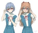  2girls :d absurdres ayanami_rei bangs bespectacled blue_eyes blue_hair blue_skirt blush glasses haekel highres long_hair looking_at_viewer multiple_girls neon_genesis_evangelion open_mouth orange_hair parted_lips red_eyes red_ribbon ribbon school_uniform shirt short_hair short_sleeves simple_background skirt smile souryuu_asuka_langley suspender_skirt suspenders tokyo-3_middle_school_uniform two_side_up upper_body white_background white_shirt 