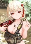  1girl blonde_hair breasts bullet cleavage clogs dot_nose gibun_(sozoshu) gun hair_ribbon handgun highres holding holding_bullet holding_gun holding_weapon jewelry large_breasts looking_at_viewer lycoris_recoil magazine_(weapon) military nishikigi_chisato one_side_up pendant red_eyes ribbon short_hair smile solo trigger_discipline upper_body vest weapon 