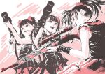  3girls babymetal black_dress black_hair dress gun hair_behind_ear headset highres hiraoka_koushi holding holding_gun holding_weapon kikuchi_moa medium_hair microphone mizuno_yui multiple_girls nakamoto_suzuka open_mouth parted_lips ponytail real_life red_eyes rifle smile twintails weapon 