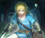  1boy absurdres bangs belt black_gloves blonde_hair blue_shirt brown_belt collarbone cowboy_shot fairy fingerless_gloves forest gloves green_eyes grey_pants highres holding holding_sword holding_weapon link looking_at_viewer medium_hair nature pants pointy_ears sheikah_slate shirt short_sleeves solo sp0i0ppp sweat sword the_legend_of_zelda the_legend_of_zelda:_breath_of_the_wild tree weapon 