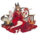  1girl :q ? animal_ears cup dress drinking_glass fox_ears fox_tail hair_ornament original red_dress starshadowmagician tail tongue tongue_out wedding_dress white_background wine_glass 