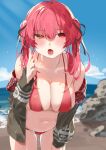  1girl absurdres beach bent_over bikini blush breasts cleavage cowboy_shot fellatio_gesture hanging_breasts heterochromia highres hololive houshou_marine large_breasts navel ocean open_mouth orange_eyes red_bikini red_eyes red_hair red_nails sky solo swimsuit takeno_omoti twintails virtual_youtuber 