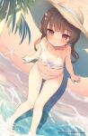  1girl barefoot beach bikini blush breasts brown_eyes brown_hair brown_headwear from_above hat highres legs long_hair looking_at_viewer looking_up navel original outdoors sitting small_breasts soaking_feet solo sun_hat swimsuit thigh_gap thighs tsumiki_akeno twintails white_bikini 