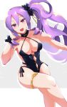  1girl bangs bare_shoulders black_swimsuit breasts cleavage earrings fate/grand_order fate_(series) hair_between_eyes hair_ornament hair_scrunchie highleg highleg_swimsuit highres jewelry large_breasts long_hair looking_at_viewer moyasi99 one-piece_swimsuit open_mouth purple_eyes purple_hair scrunchie side_ponytail sidelocks smile solo swimsuit thighlet thighs very_long_hair wrist_scrunchie wu_zetian_(fate) wu_zetian_(swimsuit_caster)_(fate) 