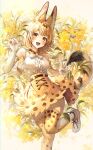  1girl :d absurdres animal_ear_fluff animal_ears animal_print bangs bare_shoulders blonde_hair blush boots bow bowtie breasts cat_ears cat_girl cat_tail center_frills elbow_gloves foot_out_of_frame frills gloves high-waist_skirt highres kemono_friends looking_at_viewer medium_breasts mirage_(rairudiseu) open_mouth print_bow print_bowtie print_gloves print_legwear print_skirt revision serval_(kemono_friends) serval_print shirt short_hair skirt sleeveless smile solo standing standing_on_one_leg tail thighhighs traditional_bowtie v white_footwear white_shirt yellow_eyes zettai_ryouiki 
