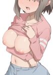  1girl blush breasts breasts_out clothes_lift fang head_out_of_frame highres morisobo navel nipples no_bra pink_sweater short_hair simple_background solo sweater sweater_lift uzaki-chan_wa_asobitai! uzaki_yanagi white_background 