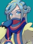  1boy aqua_eyes aqua_hair blue_mittens commentary_request eyelashes green_background grusha_(pokemon) hair_bun hand_up highres jacket long_hair long_sleeves male_focus nori_(hgdm2784) poke_ball_print pokemon pokemon_(game) pokemon_sv scarf scarf_over_mouth solo upper_body yellow_jacket 