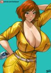  1girl alternate_breast_size april_o&#039;neil areola_slip arm_behind_head batako_(pixiv54063972) belt black_eyes blue_background blush breasts brown_hair cleavage curvy dark_areolae fingernails highres huge_breasts jumpsuit looking_at_viewer microphone no_bra paid_reward_available patreon_username plunging_neckline reporter short_hair sleeves_pushed_up solo teenage_mutant_ninja_turtles web_address yellow_jumpsuit zipper 