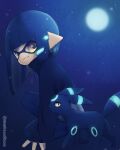  1girl :3 arrow_hair_ornament black_hair black_jacket blue_hair blue_pants highres inkling_girl jacket long_hair long_sleeves looking_at_viewer matsushita_(matsudbox) moon night night_sky pants pointy_ears pokemon sky sleeves_past_wrists splatoon_(series) umbreon yellow_eyes zipper 