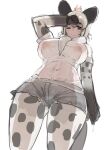  1girl alternate_breast_size animal_ears animal_print arm_at_side arm_up bangs breasts brown_eyes brown_hair closed_mouth covered_navel covered_nipples cutoffs dripping from_below fur_scarf grey_hair grey_shorts highres huge_breasts hyena_ears hyena_girl hyena_tail inverted_nipples kemono_friends layered_sleeves legwear_under_shorts long_hair long_sleeves multicolored_hair navel no_bra one_eye_closed pantyhose print_legwear print_sleeves scarf see-through shibori_kasu shirt short_over_long_sleeves short_shorts short_sleeves shorts simple_background sketch solo spotted_hyena_(kemono_friends) stomach tail wet wet_clothes wet_hair wet_shirt white_background white_shirt 
