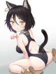  1girl animal_ears ass black_hair black_swimsuit breasts cat_ears cat_tail closed_mouth commentary_request ear_piercing egyptian fang from_behind gradient gradient_background grey_background hair_between_eyes highres looking_at_viewer medium_breasts meow_(nekodenki) one-piece_swimsuit original paw_pose piercing short_hair sitting skin_fang solo swimsuit tail usekh_collar wariza yellow_eyes 