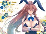  1girl alternate_costume animal_ears blue_bow blue_bowtie blue_leotard bow bowtie breasts brown_eyes brown_hair cherry_blossoms crossed_arms fake_animal_ears flower hair_flower hair_intakes hair_ornament kantai_collection large_breasts leotard long_hair map_(blue_catty) playboy_bunny ponytail rabbit_ears sidelocks smile solo upper_body yamato_(kancolle) yamato_kai_ni_(kancolle) 
