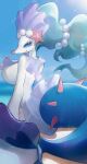  anthro asterozoan beach big_breasts blue_body blue_eyes breasts day echinoderm female feral gem green_hair hair hairless hi_res light long_hair looking_at_viewer marine mermaid_tail momikacha nintendo outside pearl_(gem) pok&eacute;mon pok&eacute;mon_(species) primarina rear_view sand sea seaside sky smile solo spikes spikes_(anatomy) starfish starfish_(accessory) sun sunlight video_games water white_body 