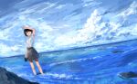  ._(kometto333) 1girl absurdres arm_up black_hair cloud cloudy_sky dutch_angle highres looking_at_viewer ocean open_mouth original pleated_skirt scenery school_uniform shoes shoes_removed short_hair skirt sky smile solo wading water 