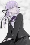  1girl absurdres bag bangs black_bag black_jacket black_ribbon black_skirt bow bowtie braid collared_shirt cowboy_shot danganronpa_(series) danganronpa_kirigiri dress_shirt gradient gradient_background grey_background hair_ribbon highres holding holding_bag jacket kirigiri_kyouko long_hair long_sleeves looking_to_the_side o_m3c official_alternate_costume older open_clothes open_jacket parted_lips pink_eyes pink_hair pleated_skirt purple_bow purple_bowtie ribbon shiny shiny_hair shirt skirt solo teeth twin_braids twintails 