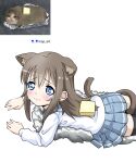  1girl absurdres animal_ear_fluff animal_ears artist_logo artist_name bangs black_thighhighs blue_eyes blue_sailor_collar blue_skirt brown_hair butter cat_ears cat_tail commentary_request crying crying_with_eyes_open foil food furrowed_brow highres long_hair long_sleeves looking_at_viewer lying meme nisp_art on_stomach original pleated_skirt reference_inset russian_commentary sailor_collar shirt sidelocks simple_background skirt solo tail tears thighhighs white_background white_shirt 