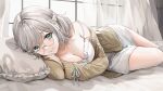 1girl absurdres bad_id bad_twitter_id bangs bare_shoulders bed blush braid breasts cardigan cleavage closed_mouth curtains dress frilled_dress frills glasses green_eyes grey_hair head_on_pillow highres korean_commentary large_breasts lillly long_sleeves looking_at_viewer lying on_bed on_side open_cardigan open_clothes original pillow round_eyewear short_hair sidelocks smile solo spaghetti_strap strap_slip thighs white_dress window 