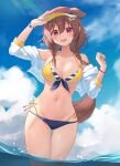  1girl :d animal_ears bikini blue_bikini braid breasts brown_eyes brown_hair dog_ears dog_girl dog_tail highres hololive inugami_korone large_breasts long_hair navel open_clothes open_shirt ruka_tou smile solo stomach swimsuit tail twin_braids virtual_youtuber visor_cap yellow_bikini 