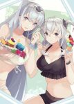  2girls bare_arms bare_legs bare_shoulders bikini black_bikini blue_scrunchie blueberry blush breasts cherry cleavage closed_mouth collarbone cup drink drinking_glass flower food fruit fuyutsuki_(kancolle) grey_eyes hair_between_eyes headband holding holding_food ice_cream kantai_collection large_breasts long_hair multiple_girls navel one_side_up open_mouth orange_(fruit) pink_flower pudding scrunchie shakemi_(sake_mgmgmg) smile suzutsuki_(kancolle) swimsuit white_bikini white_hair white_headband wrist_scrunchie 