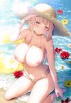  1girl absurdres bare_arms bare_legs bare_shoulders barefoot beach bikini blonde_hair blue_eyes blush braid breasts caustics closed_mouth day flower frilled_bikini frills halterneck hand_up hat highres ichinose_ayano innertube kuroe_(sugarberry) large_breasts long_hair looking_at_viewer melonbooks navel nipples o-ring o-ring_bikini original parted_lips red_flower sand scan seashell shallow_water shell sitting smile solo starfish stomach straw_hat sun_hat sunlight swimsuit water white_bikini yellow_flower 