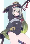  1boy bangs black_cape black_headwear black_shirt black_shorts blush cape commentary crossed_bangs gradient_cape grass_print green_eyes grey_hair grey_socks hat highres homare_(g_hmr88) hotarumaru long_sleeves looking_at_viewer male_focus open_mouth peaked_cap red_ribbon ribbon shirt short_shorts shorts socks solo thighs touken_ranbu 