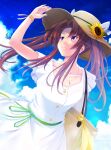  1girl ahoge alternate_costume blue_sky breasts brown_hair cloud collarbone day dress flower hair_ribbon hat hat_flower highres jewelry kagerou_(kancolle) kagerou_kai_ni_(kancolle) kantai_collection long_hair map_(blue_catty) medium_breasts necklace ribbon sidelocks sky smile solo sun_hat sundress sunflower twintails upper_body white_dress white_ribbon 