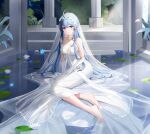  1girl ahoge arm_support azur_lane bangs bare_shoulders barefoot blue_butterfly blue_hair breasts bridal_veil bug butterfly cleavage closed_mouth colored_inner_hair dress earrings elbow_gloves flower full_body gloves gold_trim halter_dress halterneck helena_(azur_lane) helena_(miracle_in_white)_(azur_lane) highres jewelry leaf leaning_to_the_side long_dress long_hair looking_at_viewer medium_breasts multicolored_hair nail_polish necklace official_alternate_costume pillar pink_hair purple_eyes qing_wu ribbon sidelocks sitting sitting_on_water sleeveless sleeveless_dress solo toenail_polish toenails two-tone_hair veil water wedding_dress white_dress white_flower white_gloves white_headdress white_ribbon 