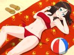  1girl absurdres ada_badguy ball beach beach_towel beachball bikini black_hair blue_eyes breasts commentary_request girls_und_panzer hands_up has_bad_revision has_downscaled_revision highres katyusha_(girls_und_panzer) large_breasts long_hair looking_at_viewer lying md5_mismatch navel on_back parted_lips red_bikini red_towel resolution_mismatch sand sandals sandals_removed solo source_smaller star_(symbol) star_print stomach swimsuit thighs towel underboob 