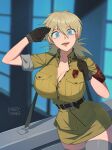  1girl bangs barleyshake belt blonde_hair blue_eyes blurry blurry_background breast_pocket breasts brown_gloves cleavage commentary depth_of_field fangs gloves hair_between_eyes hellsing highres indoors large_breasts long_bangs looking_at_viewer medium_hair military military_uniform open_mouth partially_unbuttoned patch pocket romaji_commentary salute seras_victoria shirt short_sleeves skirt smile solo strap thighhighs uniform vampire weapon_case window yellow_shirt yellow_skirt 