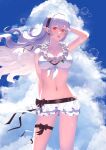  1girl :d absurdres anklet arm_behind_head arm_up bikini bikini_skirt black_bow blue_sky bow breasts bubble cleavage cloud cloudy_sky collarbone corrin_(fire_emblem) corrin_(fire_emblem)_(female) corrin_(summer)_(fire_emblem)_(female) cowboy_shot fire_emblem fire_emblem_fates fire_emblem_heroes floating_hair flower flower_necklace front-tie_top grey_hair hair_between_eyes hair_flower hair_ornament hairband highres jewelry large_breasts long_hair looking_at_viewer microskirt navel open_mouth parupome pointy_ears red_eyes skirt sky smile solo standing swimsuit thigh_strap twitter_username very_long_hair white_bikini wind 