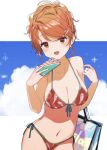  1girl aquila_(kancolle) bare_arms bare_legs bare_shoulders bikini blush breasts cellphone cleavage collarbone cowboy_shot hair_ornament hairclip high_ponytail holding holding_phone kantai_collection large_breasts navel open_mouth orange_eyes orange_hair phone red_bikini short_hair smartphone smile solo swimsuit yamashichi_(mtseven) 